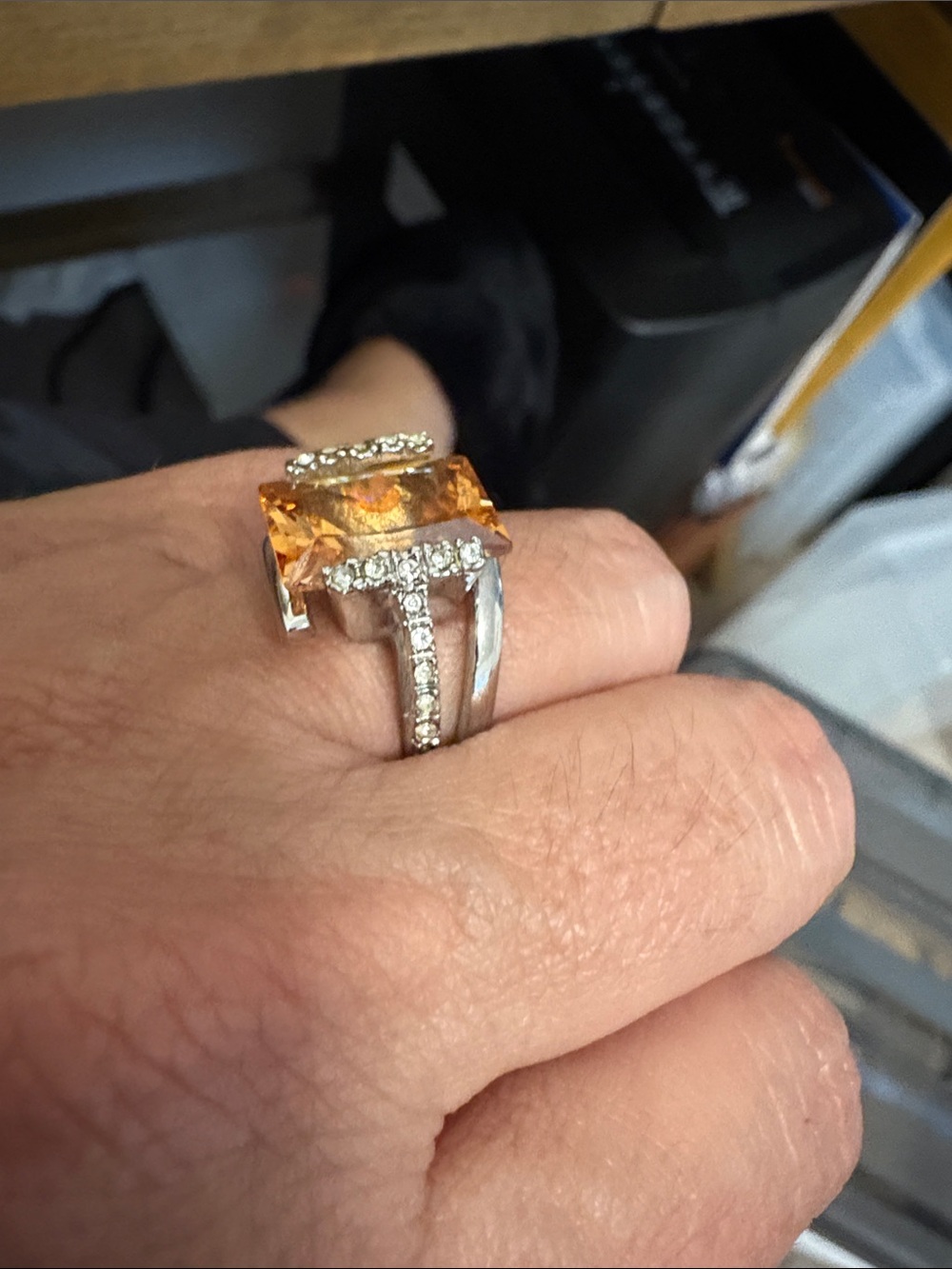Source Unknown Orange Center Stone Ring with Clear Accents - Silver Tone